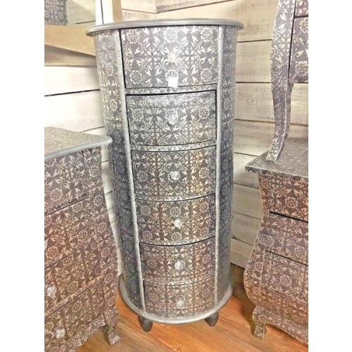 SILVER CHIC FRENCH METAL FURNITURE EMBOSSED 6 DRAW TALL BOY 3079